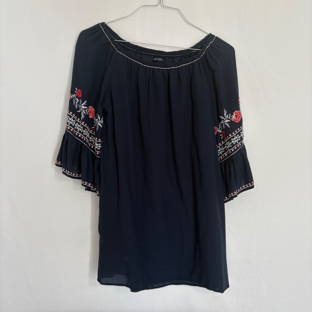 Max Edition Blue Off Shoulder Embroidered Bell Sleeve Boho Dress - Size M